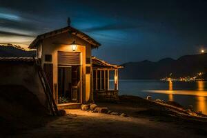 een klein huis Aan de kust van een meer Bij nacht. ai-gegenereerd foto