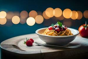 spaghetti met tomaat saus en vers bessen Aan een houten tafel. ai-gegenereerd foto