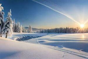 foto behang de lucht, sneeuw, bomen, zon, bomen, winter, de zon, bomen. ai-gegenereerd