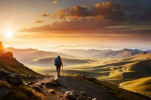 de Mens is wandelen Aan de berg Bij zonsondergang. ai-gegenereerd foto