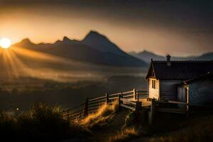 een klein cabine in de bergen Bij zonsondergang. ai-gegenereerd foto