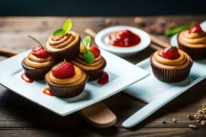 cupcakes met aardbeien en kaneel Aan een wit bord. ai-gegenereerd foto