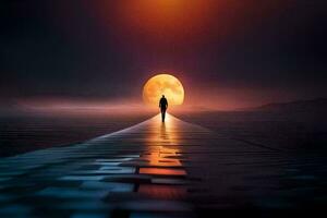 een Mens wandelingen langs een pad in voorkant van een vol maan. ai-gegenereerd foto