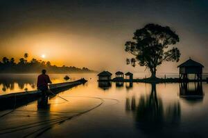 een Mens visvangst in de water Bij zonsopkomst. ai-gegenereerd foto