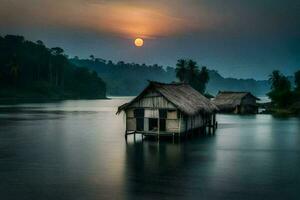 een hut zit Aan de kust van een rivier- Bij zonsondergang. ai-gegenereerd foto