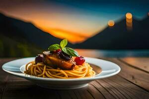 spaghetti met kers tomaten en champignons Aan een bord. ai-gegenereerd foto