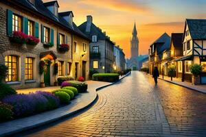 een straat in Europa Bij zonsondergang. ai-gegenereerd foto