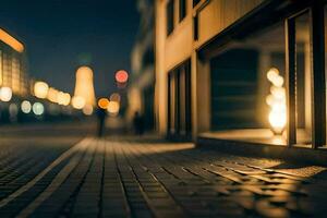 wazig straat tafereel Bij nacht met lichten Aan gebouwen. ai-gegenereerd foto