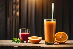 oranje sap en sap in een glas Aan een houten tafel. ai-gegenereerd foto