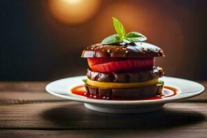 een stack van chocola taart met aardbeien en tomaten. ai-gegenereerd foto