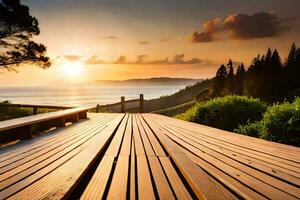 een houten promenade leidend naar de zonsondergang. ai-gegenereerd foto
