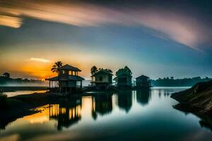 een mooi zonsopkomst over- een meer met huizen Aan de oever. ai-gegenereerd foto