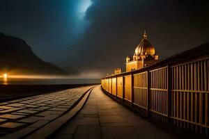 een lang loopbrug Leidt naar een kerk Bij nacht. ai-gegenereerd foto
