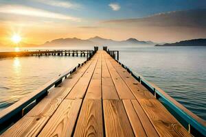 een houten pier strekt zich uit uit in de oceaan Bij zonsondergang. ai-gegenereerd foto