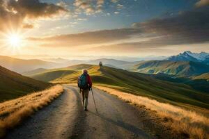 een Mens wandelingen Aan een weg in de bergen. ai-gegenereerd foto