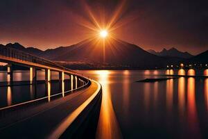 een brug over- water en bergen Bij zonsondergang. ai-gegenereerd foto