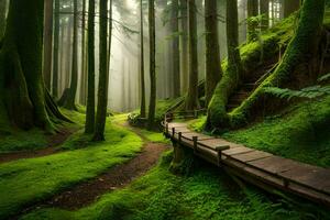 een pad door een groen Woud met bomen en mos. ai-gegenereerd foto