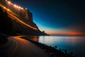 een lang blootstelling fotograaf van een weg en een klif Bij nacht. ai-gegenereerd foto