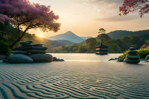 een Japans tuin met stenen en bomen Bij zonsondergang. ai-gegenereerd foto