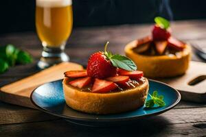 twee klein cakes met aardbeien en munt Aan een houten tafel. ai-gegenereerd foto