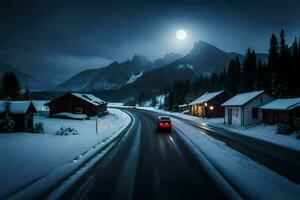 een auto schijven naar beneden een besneeuwd weg in de bergen. ai-gegenereerd foto