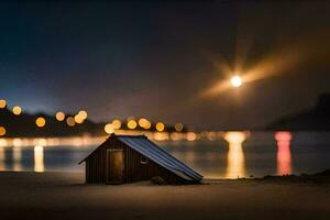 een klein houten hut zit Aan de strand Bij nacht. ai-gegenereerd foto