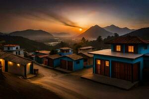 een dorp Bij zonsondergang met blauw huizen en bergen in de achtergrond. ai-gegenereerd foto