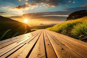 de zon stijgt over- een houten promenade in de bergen. ai-gegenereerd foto