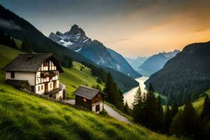 een huis Aan de kant van een berg in de Alpen. ai-gegenereerd foto