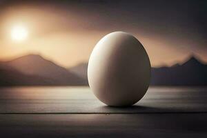 een ei zittend Aan een tafel in voorkant van een berg. ai-gegenereerd foto