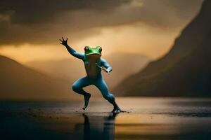 een kikker in een blauw pak is jumping in de water. ai-gegenereerd foto