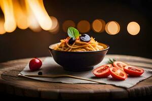 pasta met tomaten en basilicum Aan een houten tafel. ai-gegenereerd foto