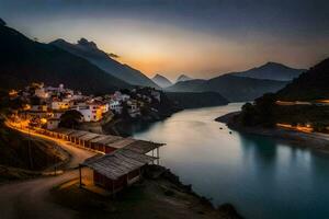 een dorp zit Aan de rand van een rivier- Bij zonsondergang. ai-gegenereerd foto