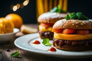 twee hamburgers met kaas en groenten Aan een bord. ai-gegenereerd foto