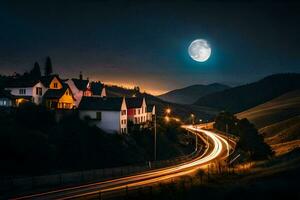 een vol maan schijnt over- een dorp Bij nacht. ai-gegenereerd foto