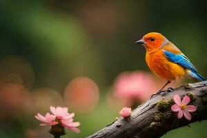 een kleurrijk vogel zit Aan een Afdeling met roze bloemen. ai-gegenereerd foto