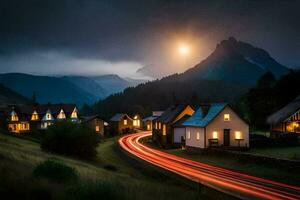 foto behang de lucht, bergen, licht, de maan, de weg, de dorp, de. ai-gegenereerd