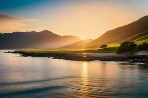 de zon sets over- een lichaam van water en bergen. ai-gegenereerd foto