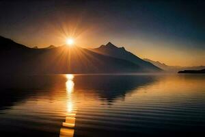 de zon stijgt over- een berg reeks en meer. ai-gegenereerd foto