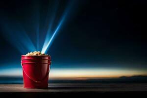 een emmer van popcorn Aan een tafel met een spotlight schijnend Aan het. ai-gegenereerd foto