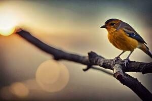 een klein vogel is neergestreken Aan een Afdeling in voorkant van de zon. ai-gegenereerd foto