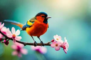 een kleurrijk vogel zit Aan een Afdeling met roze bloemen. ai-gegenereerd foto