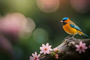 een kleurrijk vogel zit Aan een Afdeling met roze bloemen. ai-gegenereerd foto