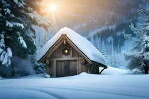 een klein cabine in de sneeuw met bomen en sneeuw. ai-gegenereerd foto