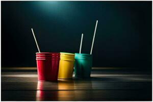 drie kleurrijk cups met rietjes Aan een donker tafel. ai-gegenereerd foto