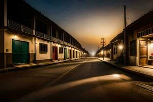 een straat in de midden- van de nacht met een licht schijnend Aan het. ai-gegenereerd foto