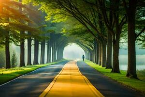 een lang weg bekleed met bomen en een persoon wandelen naar beneden het. ai-gegenereerd foto