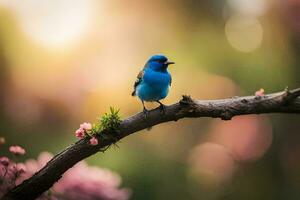 een blauw vogel zit Aan een Afdeling met roze bloemen. ai-gegenereerd foto