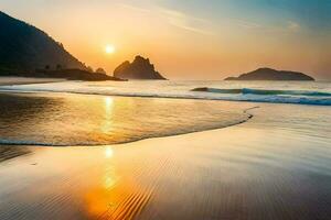de zon sets over- de oceaan en golven Bij de strand. ai-gegenereerd foto