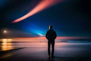 een Mens staand Aan de strand op zoek Bij de lucht. ai-gegenereerd foto